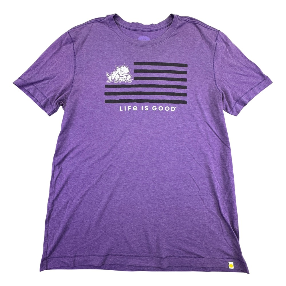 Life Is Good Shirt Men's Medium Purple American Flag TCU‎ Horned Frogs Graphic